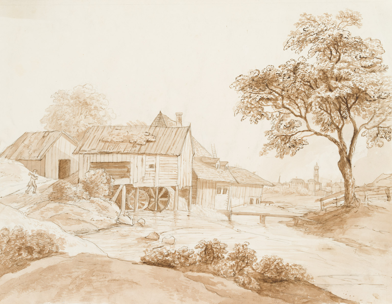 Mühle am Fluss mit Dorf