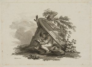 Vignette: Putto unter Schild