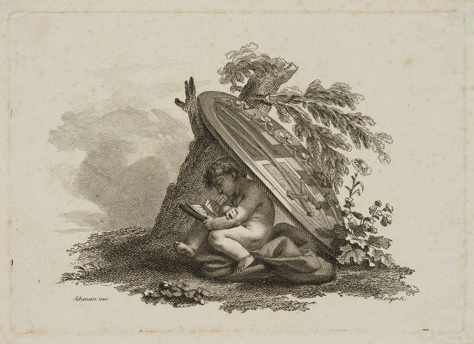 Vignette: Putto unter Schild