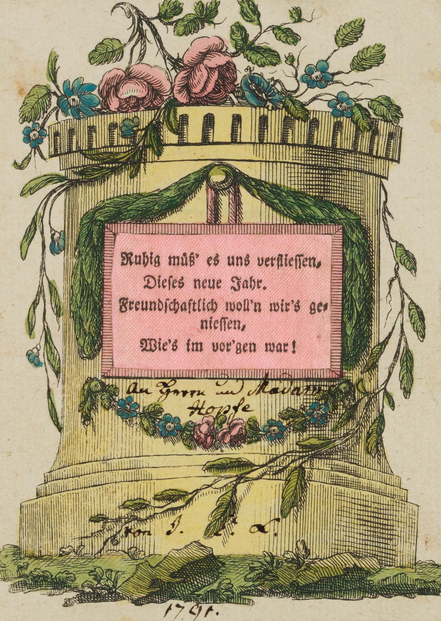 Neujahrskarte, Denkmal mit Rosendekor