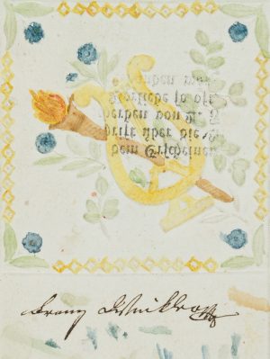 Glückwunschkarte. Lyra, Fackel, Blumen