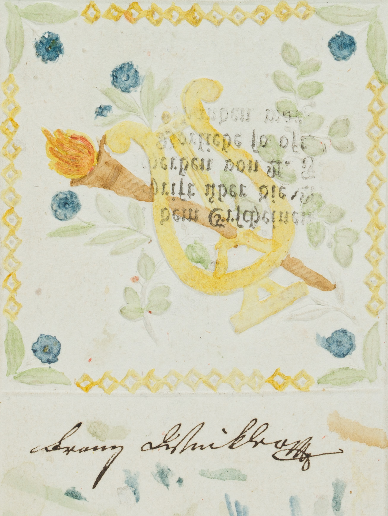 Glückwunschkarte. Lyra, Fackel, Blumen