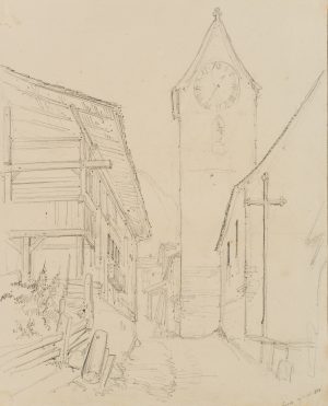 Pfarrturm in Gasse eines Dorfes
