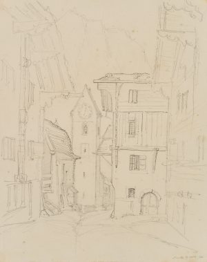 Gasse und Pfarrturm in Leuk, Schweiz