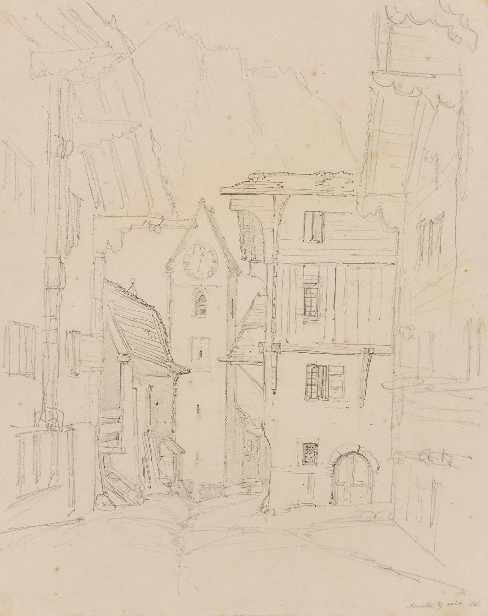 Gasse und Pfarrturm in Leuk, Schweiz