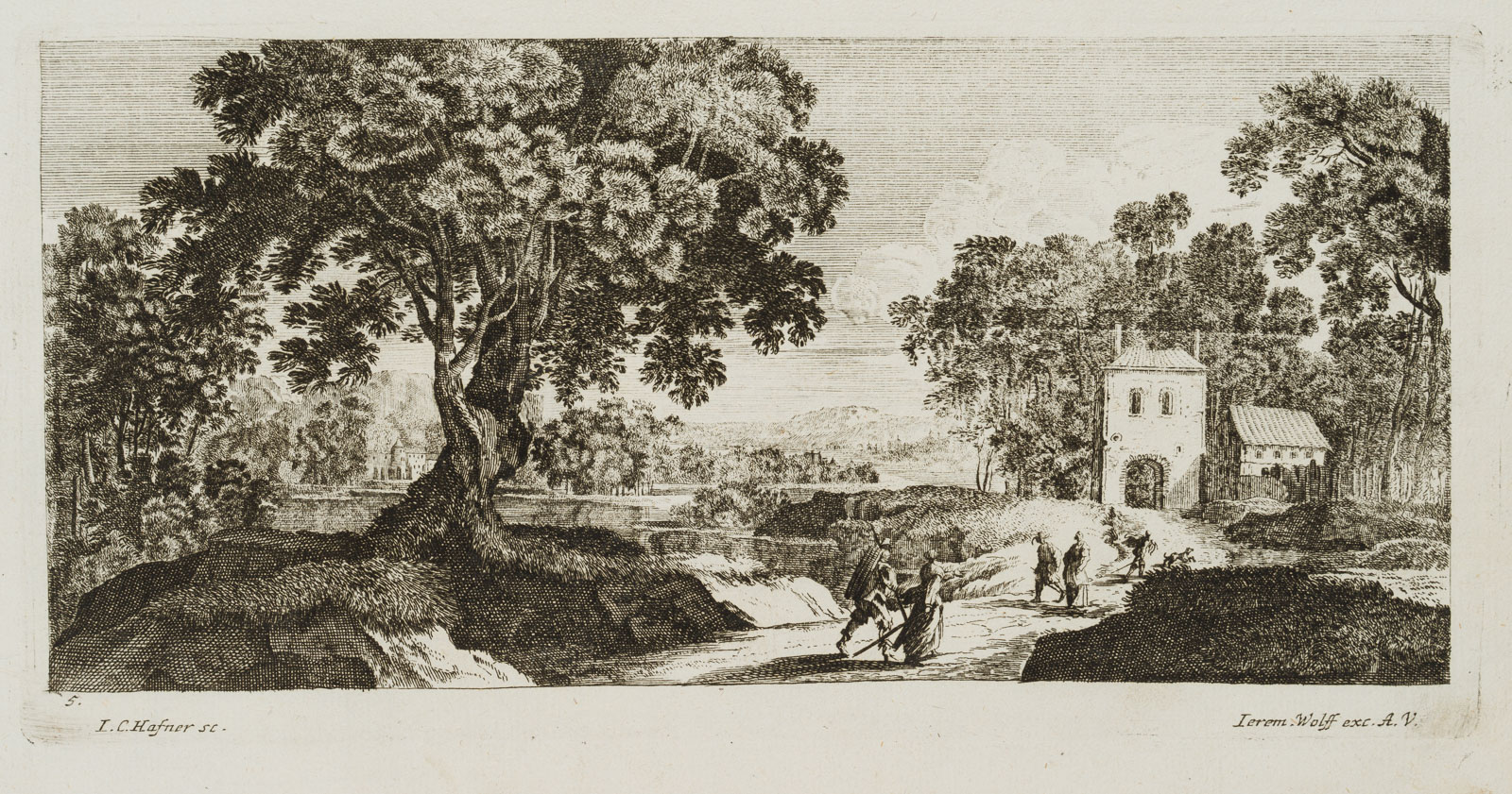 Landschaft mit Reisenden am Gasthaus