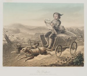 Die Dorfpost. Postjunge mit Zeitung