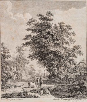 Bauernpaaar mit Kuh in Landschaft