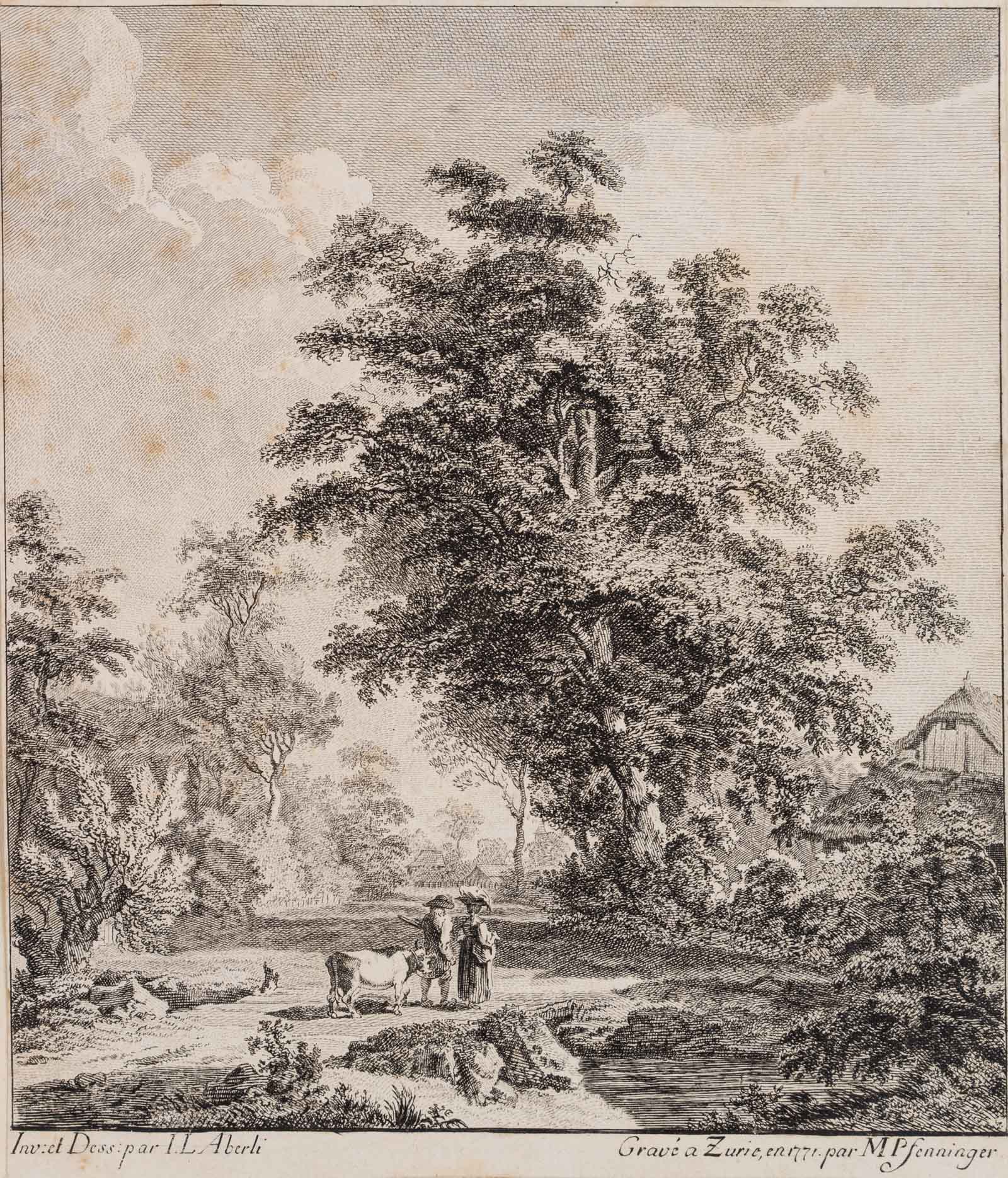 Bauernpaaar mit Kuh in Landschaft