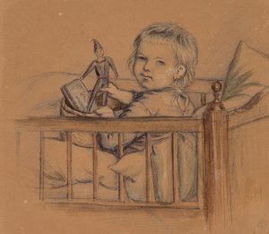 Mädchen mit Puppe im Kinderbett