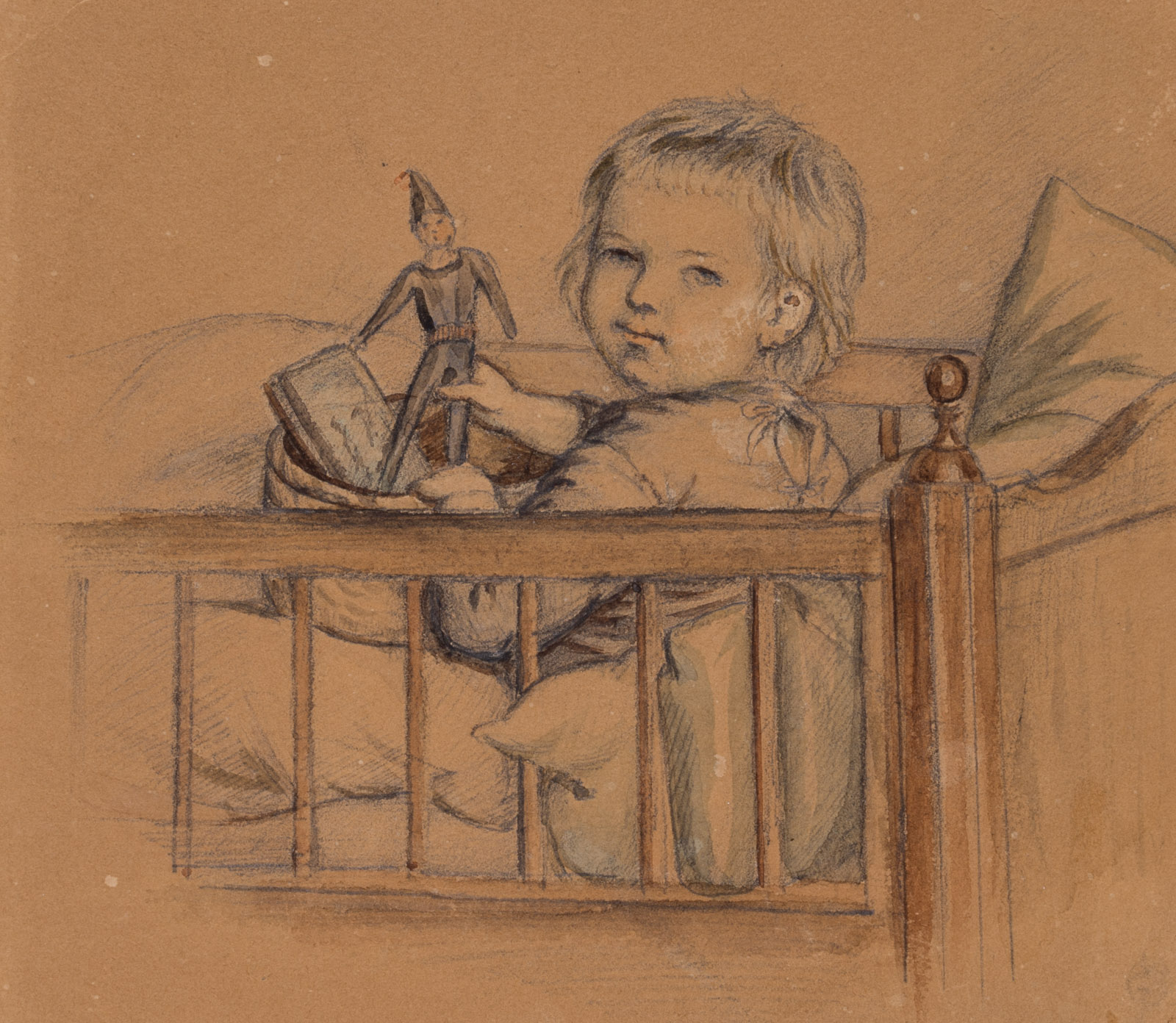 Mädchen mit Puppe im Kinderbett