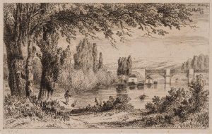 Flusslandschaft mit Eisenbahnbrücke