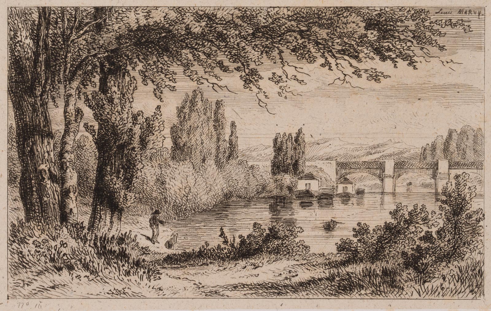 Flusslandschaft mit Eisenbahnbrücke