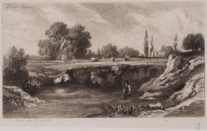 Bauer in Tümpel in weiter Landschaft