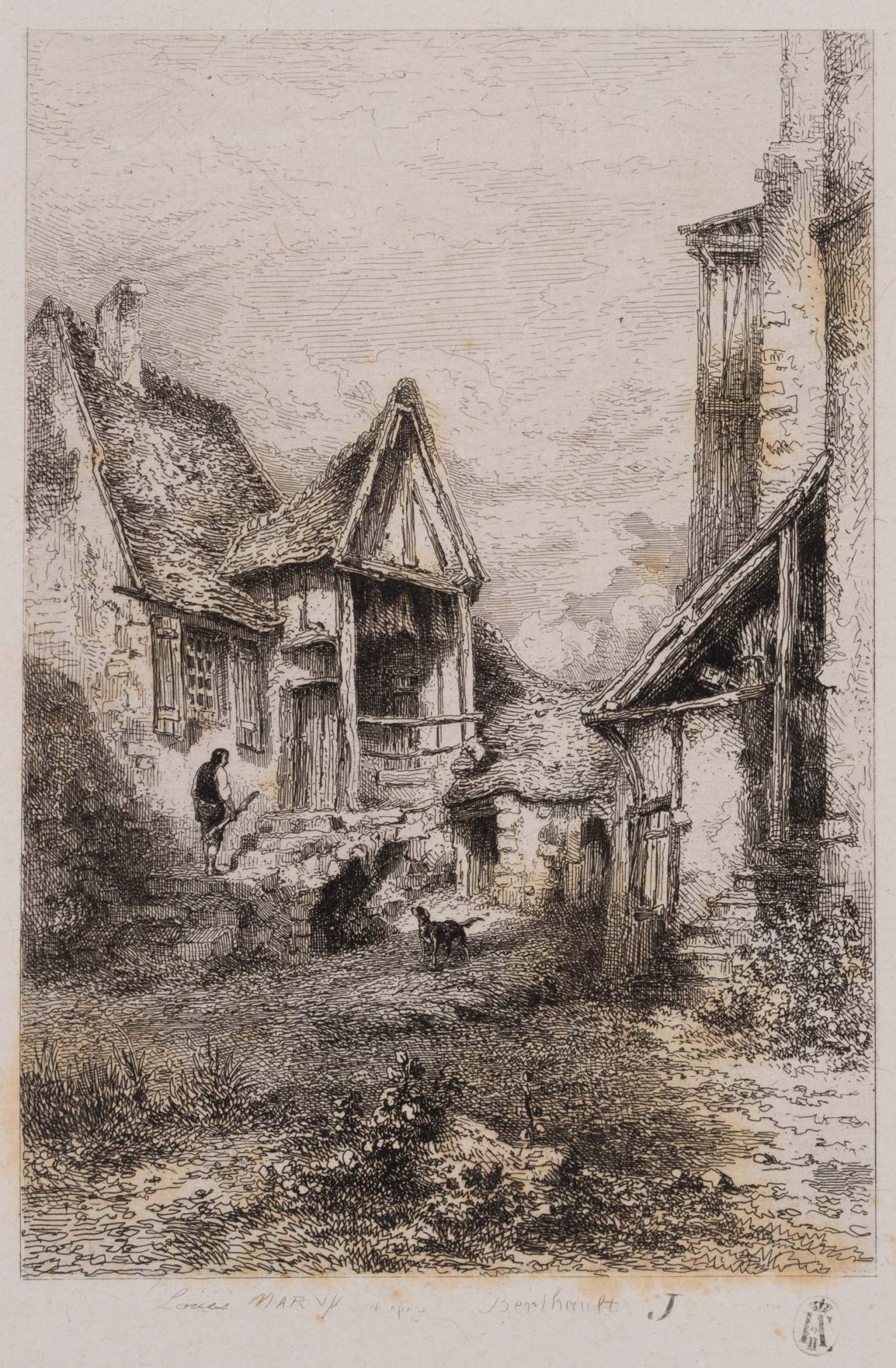 Auf dem Gehöft mit Bauern und Hund