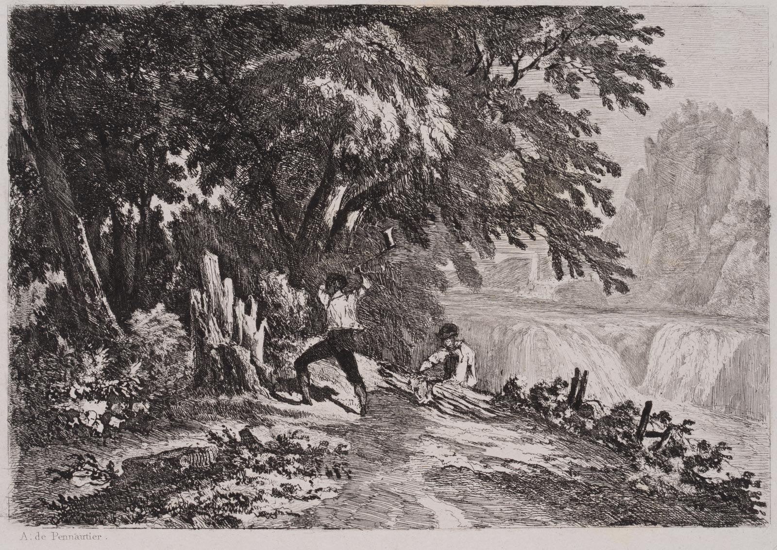Holzfäller am Wasserfall