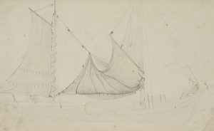 Skizze eines segelsetzenden Schiffes