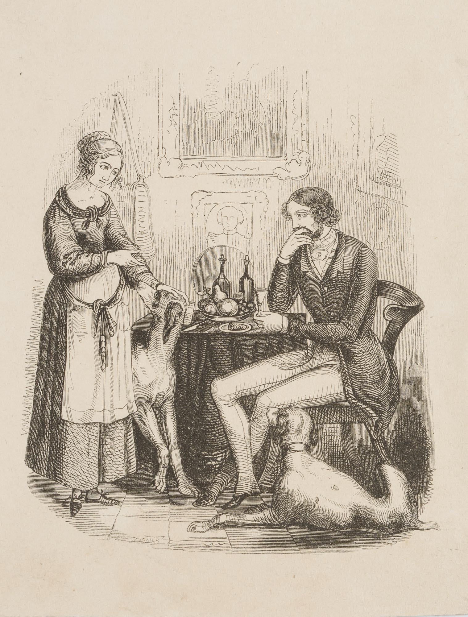 Interieurszene. Ehepaar und Hunde
