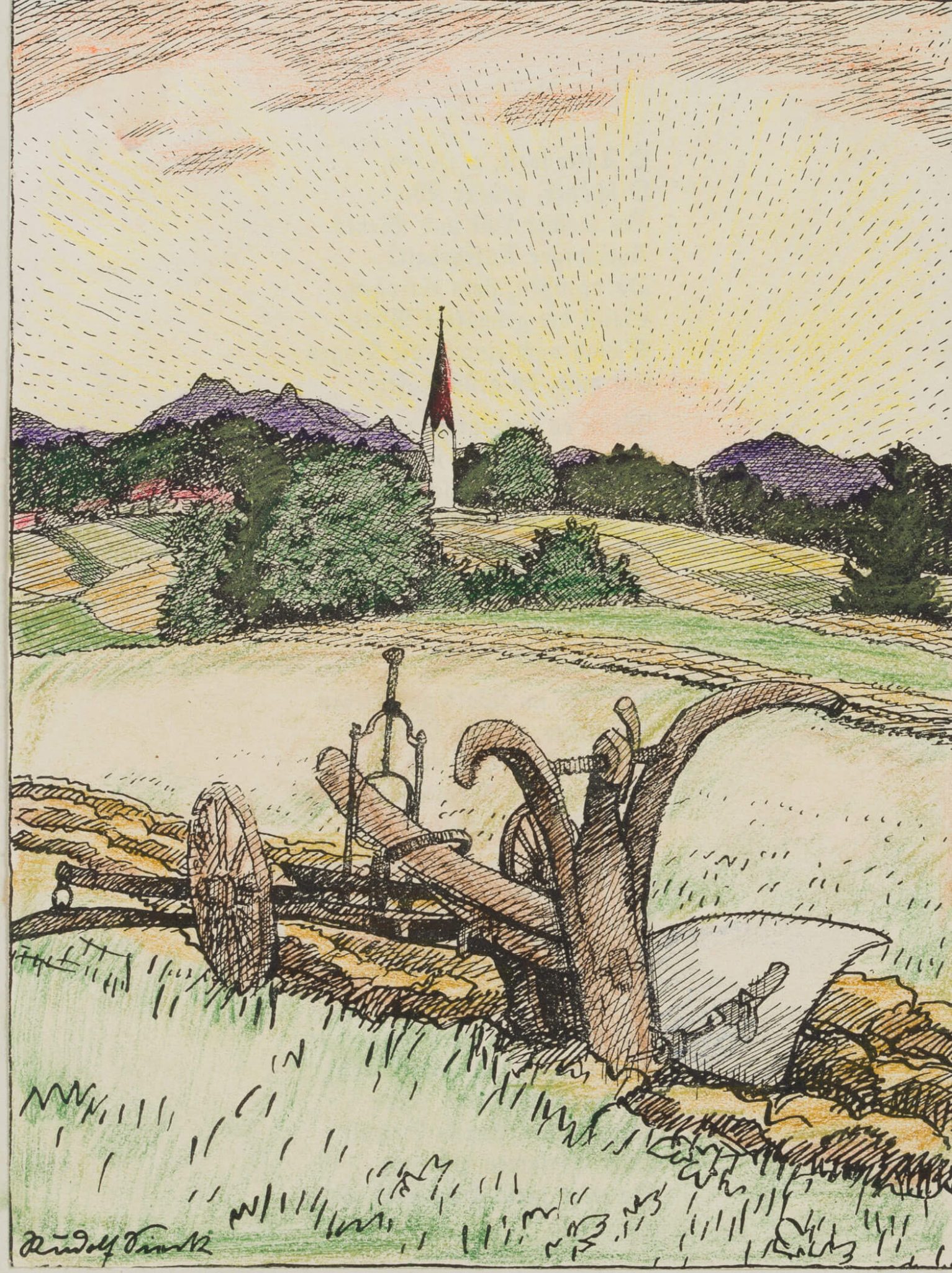 Feld mit Pflug auf Wiese