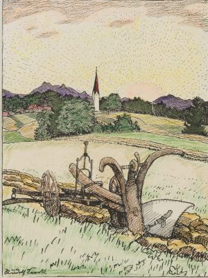 Feld mit Pflug auf Wiese