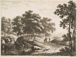Landschaft mit Fluss und Wanderern