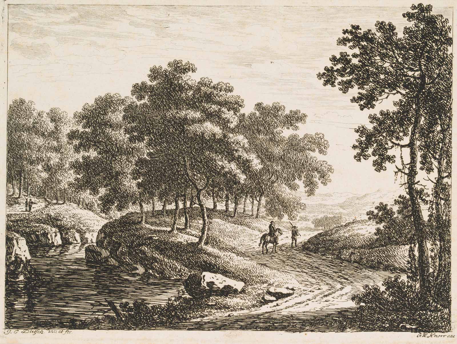 Landschaft mit Fluss und Wanderern