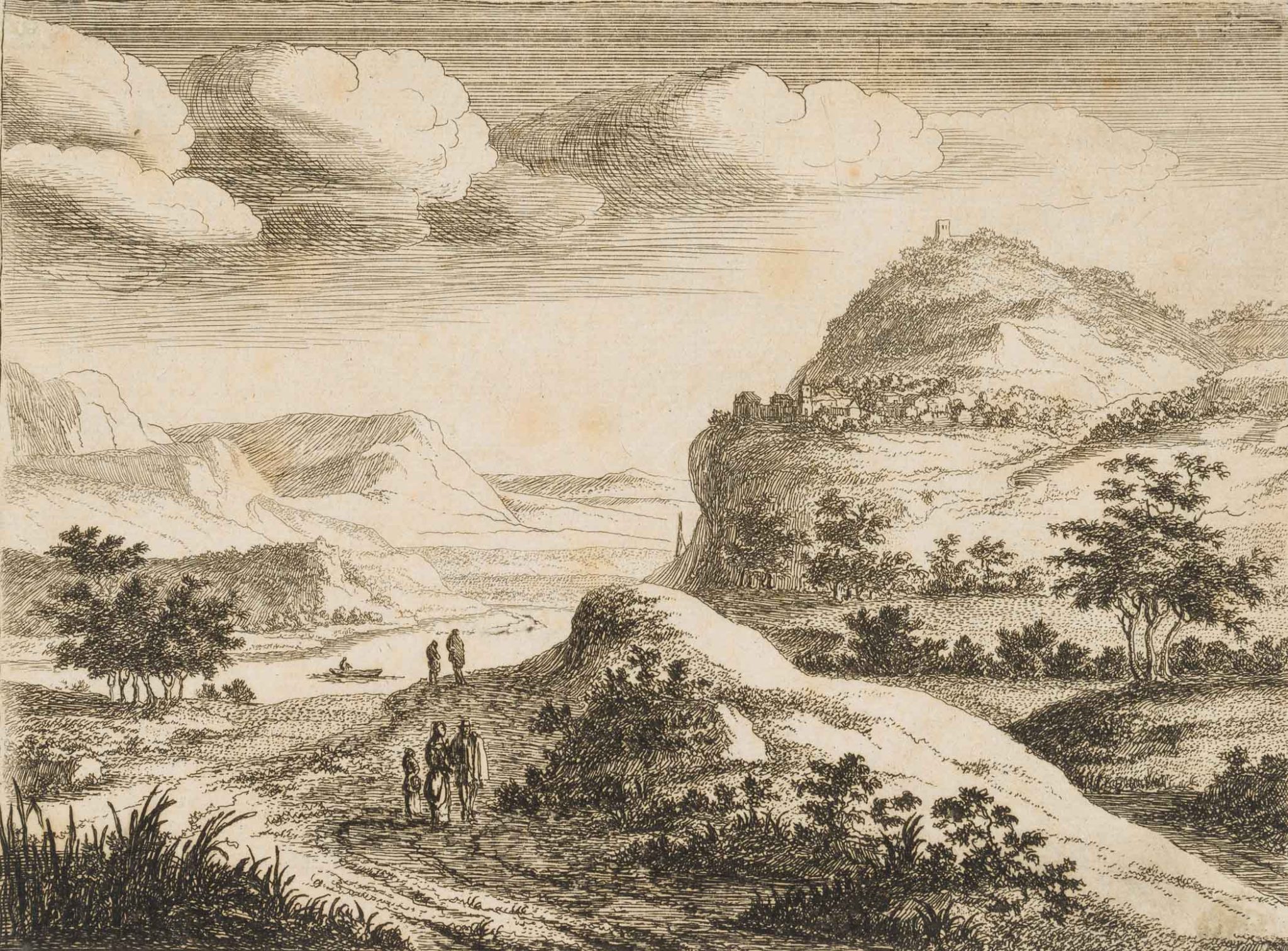 Flusslandschaft mit Dorf am Hang