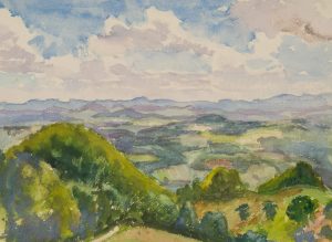 Blick über hügelige Landschaft