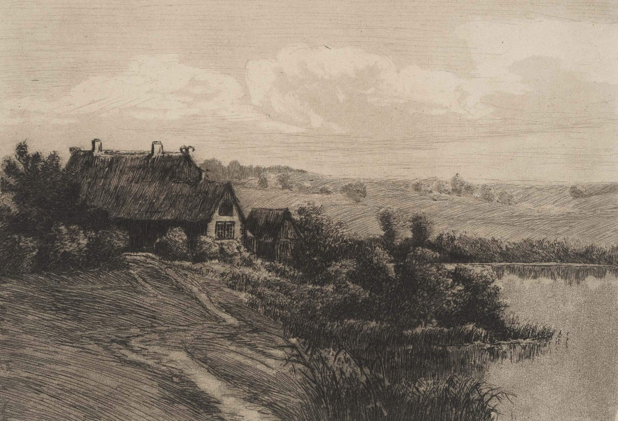 Landschaft mit Gehöft am Wasser