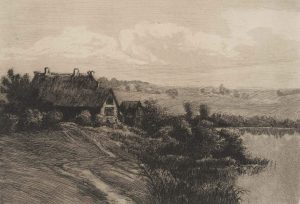 Landschaft mit Gehöft am Wasser