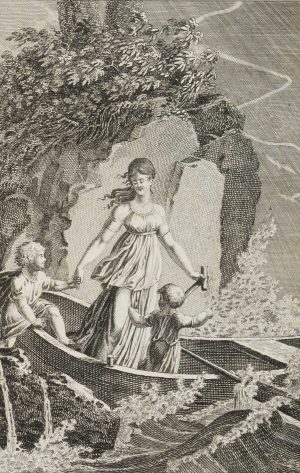 Frau mit Kindern im Boot