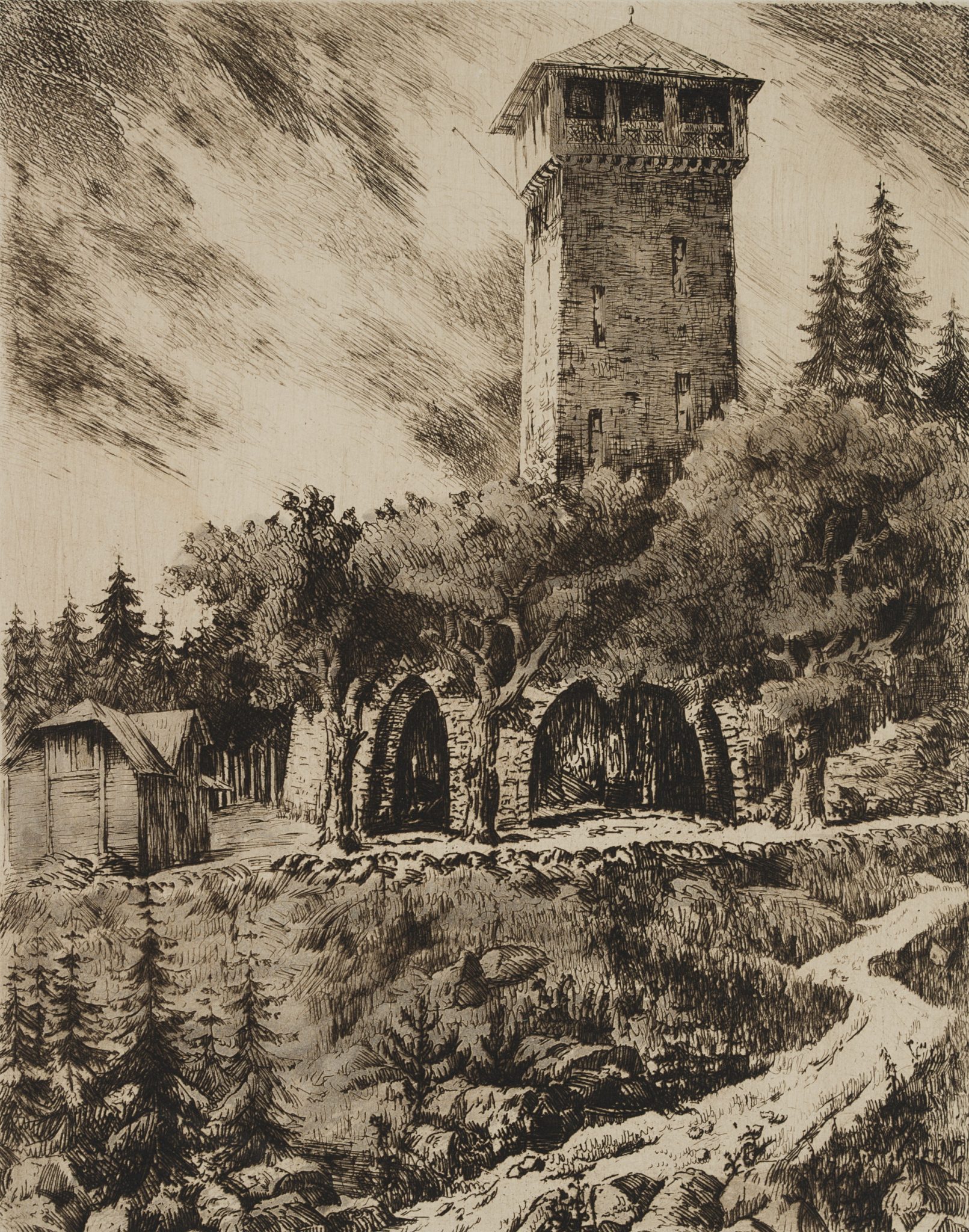 Waldhang mit Wehrturm