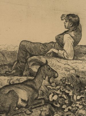 Auf der Höhe. Junge mit Ziege