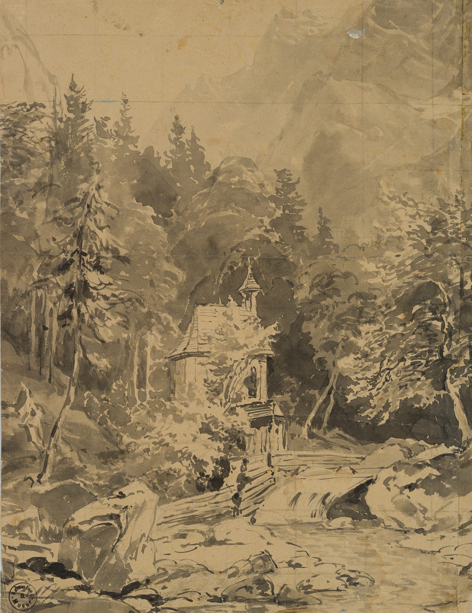 Wald und Gebirgslandschaft mit Kapelle