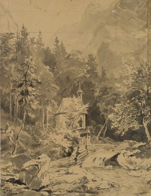 Wald und Gebirgslandschaft mit Kapelle
