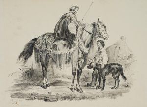 Edelmann zu Pferd bei Bettelknabe
