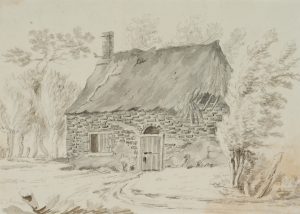 Steinhütte mit Strohdach im Wald