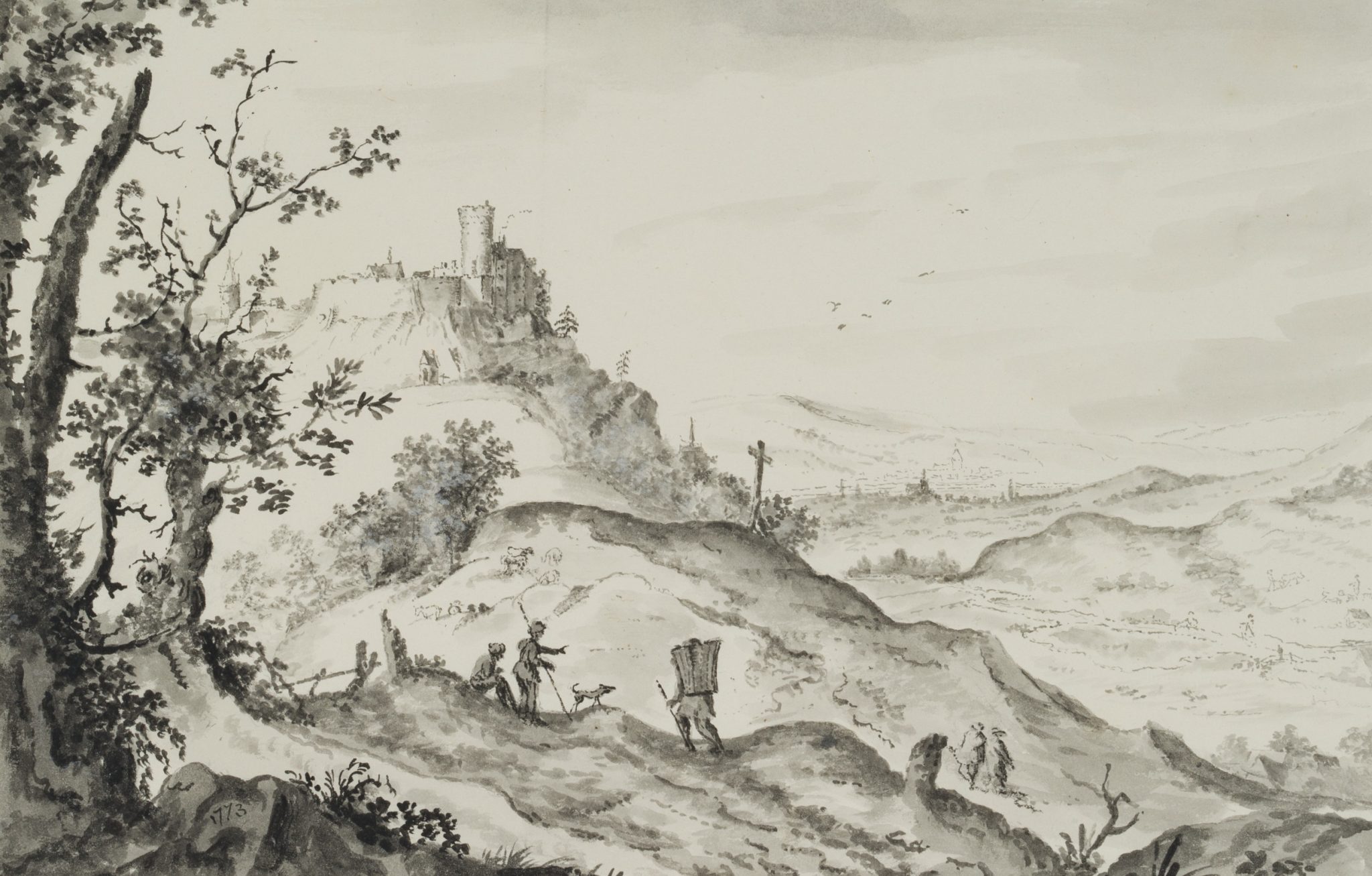 Hügelige Landschaft mit Burg