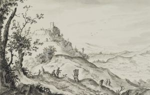 Hügelige Landschaft mit Burg