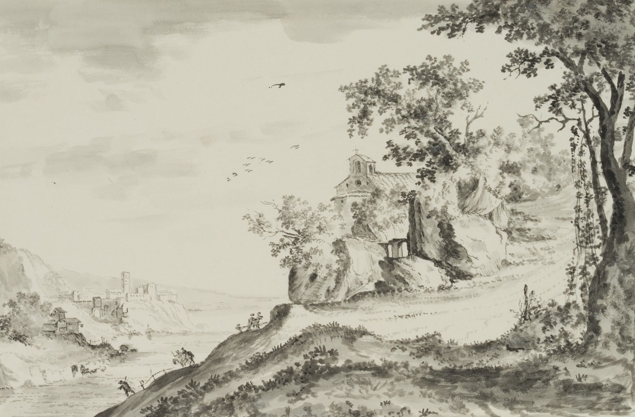 Hügelige Flusslandschaft mit Kirche