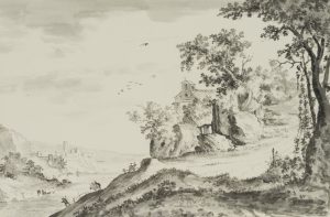 Hügelige Flusslandschaft mit Kirche