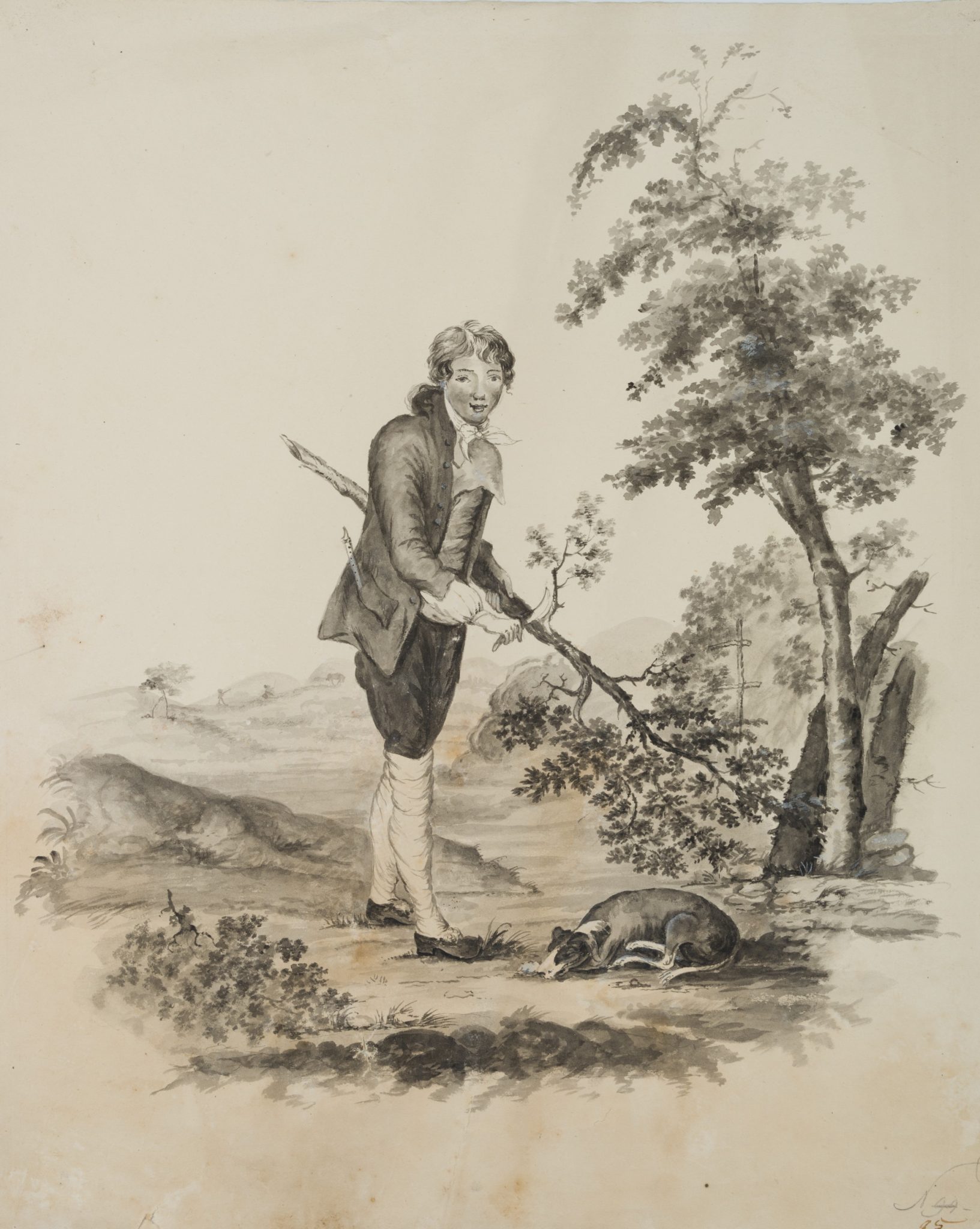 Junger Edelmann in der Landschaft mit Hund