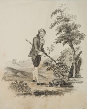 Junger Edelmann in der Landschaft mit Hund