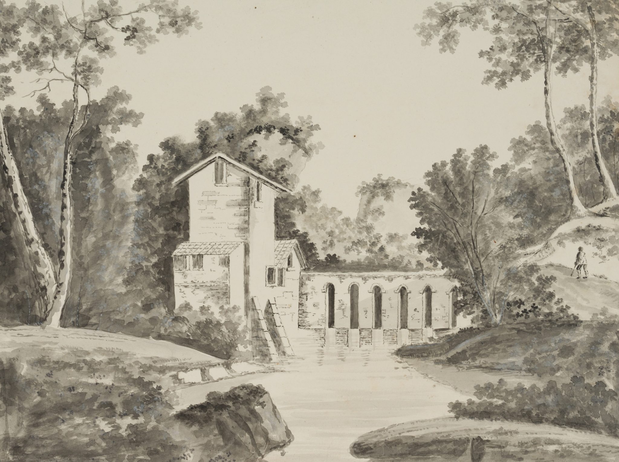 Waldstück mit alter Schleusenbrücke am Fluss
