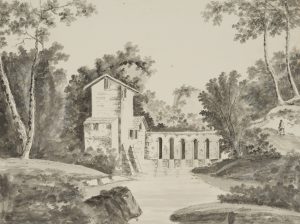 Waldstück mit alter Schleusenbrücke am Fluss