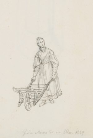 Frau mit Schubkarre