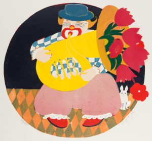 Clown mit Tuba und Rosen