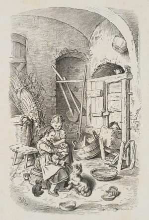 Mädchen mit Kätzchen im Keller