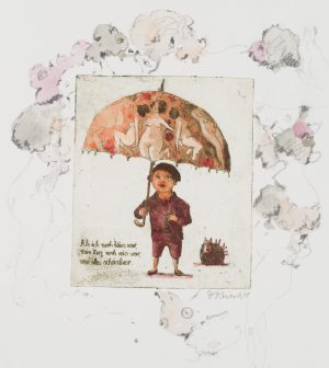 Knabe mit erotischem Regenschirm