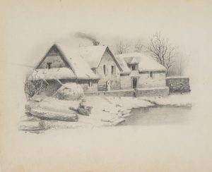 Winterliches Gehöft am Wasser